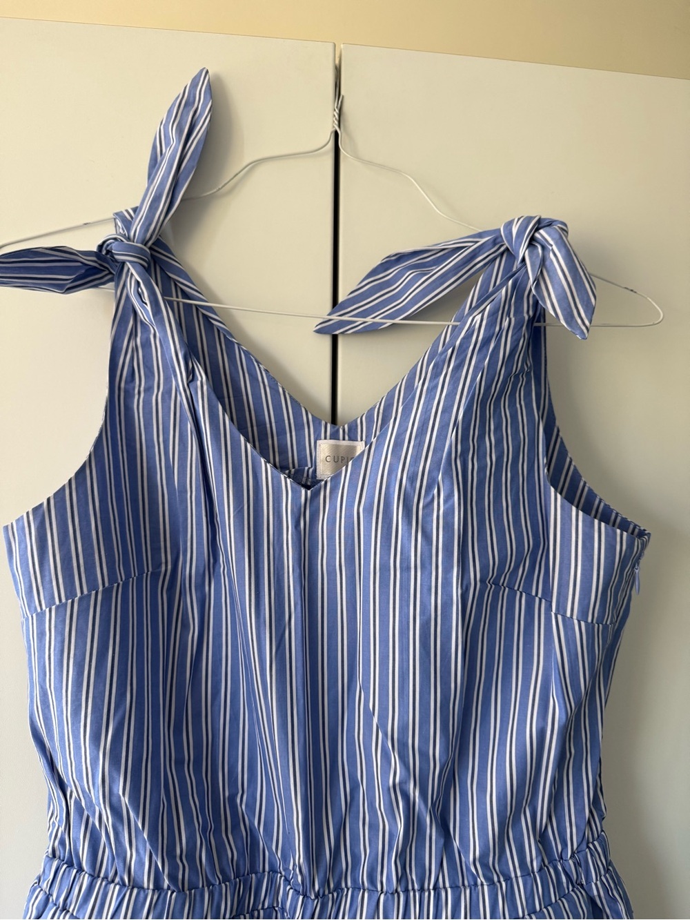 Cupio Blue & White Striped Wide Leg Jumpsuit SP Tie Shoulder Elastic Waist